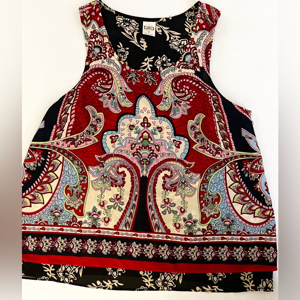 Bila Layered Tank Womens S Tulip Split Back Semi Sheer Bohemian Print Sleeveless